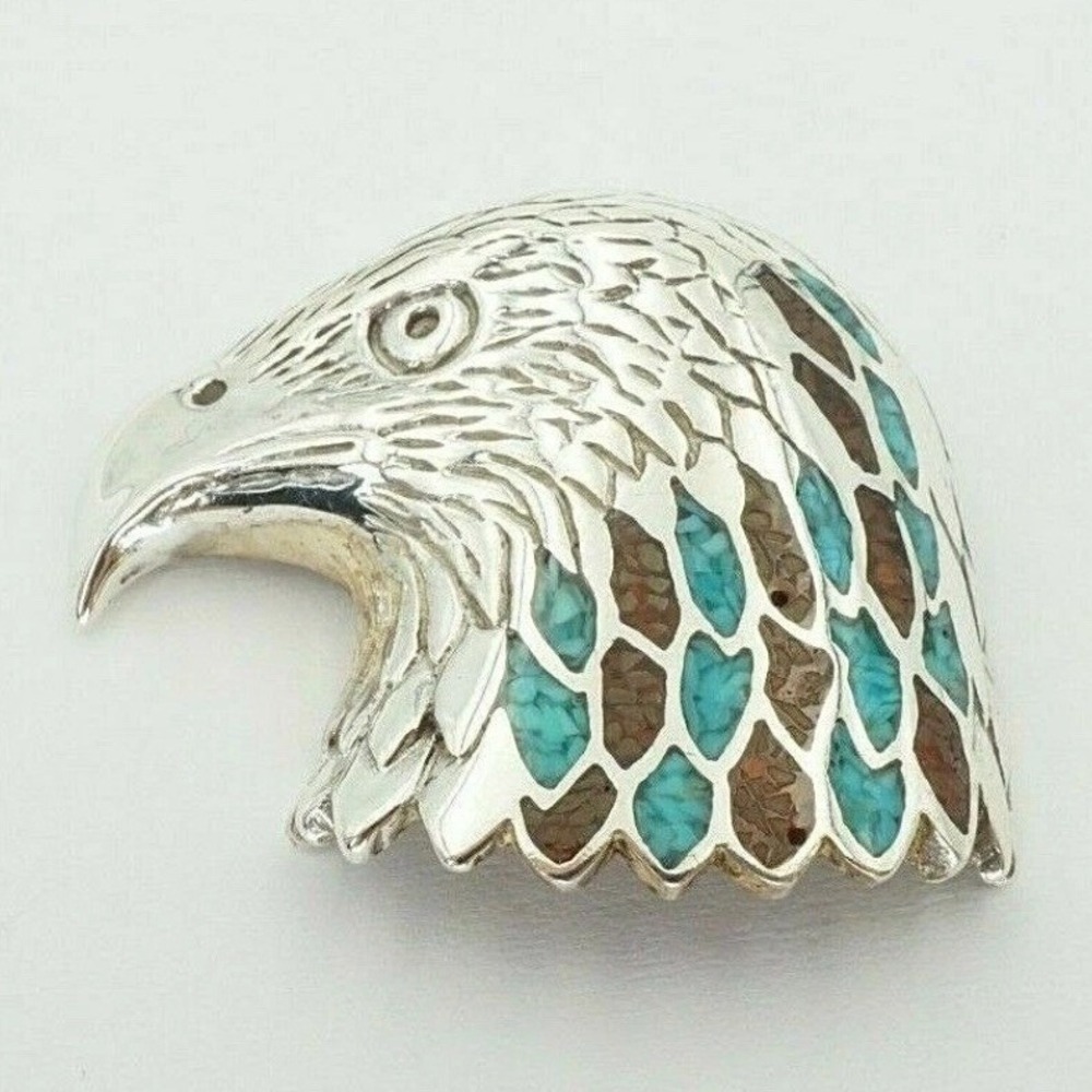 Sterling Silver Eagle Head Pendant Turquoise Chip Inlay Southwestern Slide